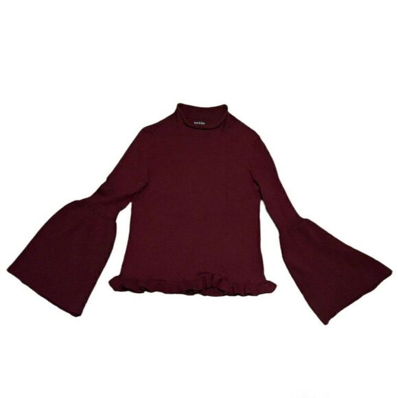 Knit & Lynk Bell Sleeve Sweater Maroon Red Wool Blend Ruffle Hem High Neck M - Picture 1 of 6